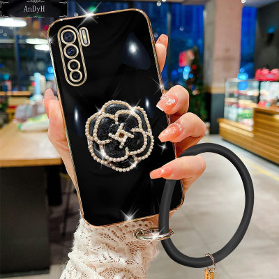 AnDyH For OPPO A91 Reno 3 Case,Fashion Luxury Beautiful Girls Floral Stand + Hand Ring Simple Solid Color Plated Soft Phone Case
