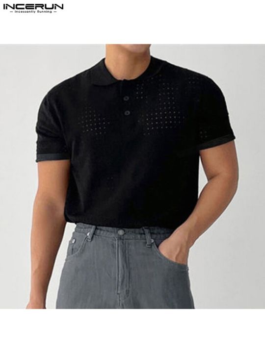 2023เสื้อถักมีกระดุมครึ่งเม็ดสำหรับผู้ชายเสื้อตาข่ายกลวงมีสไตล์เสื้อเข้าได้กับทุกชุด-s-5xl-kemeja-lengan-pendek-สินค้าตามสั่ง
