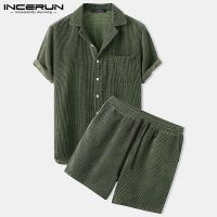 INCERUN ชุดเสื้อติดกระดุมชุด Corduroy มีปกชุดสตรีทแวร์แขนสั้นสำหรับผู้ชายกางเกงขาสั้นลำลองเสื้อผู้ชายสีเข้ม2023 S-5XL