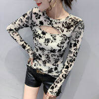 2021 Autumn New Womens T-Shirt Sexy Fashion Long-Sleeved Tassel Black Mesh Tops Hollow Out Print Woman ClothingTH