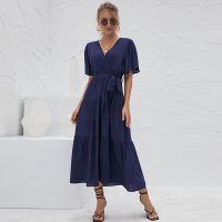 ATUENDO Summer Fashion Solid Bule Dress for Women Vintage Sexy Soft Silk Maxi Dresses Casual Wedding Guest High Waist Long Robe