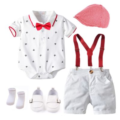 Cotton Boys Summer Newborn Clothes Set Birthday Dress White Infant Outfit Hat Rompers Bib Shorts Shoes Socks 6 PCS 0-18M