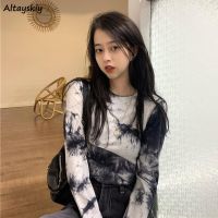 T-Shirts Women Long Sleeve Spring Autumn Tie Dye Fashion High Street Tops Patchwork Lady Slim Basic O-neck Tee Popular Harajuku