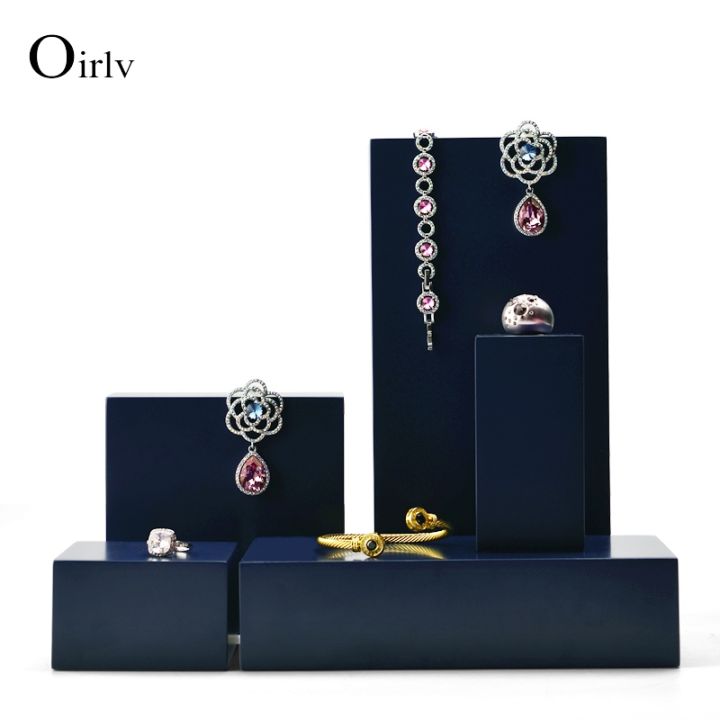oirlv-premium-dark-blue-solid-wood-bracelet-display-stand-earring-pendant-holder-box-jewelry-prop-display-table-set