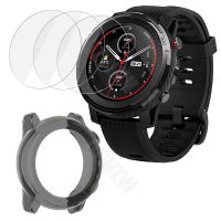 (3+1) For Amazfit Stratos 3 Smart Watch (3pcs) Screen Protector Tempered Glass and (1pcs) Soft TPU Protective Case Cover Cases Cases