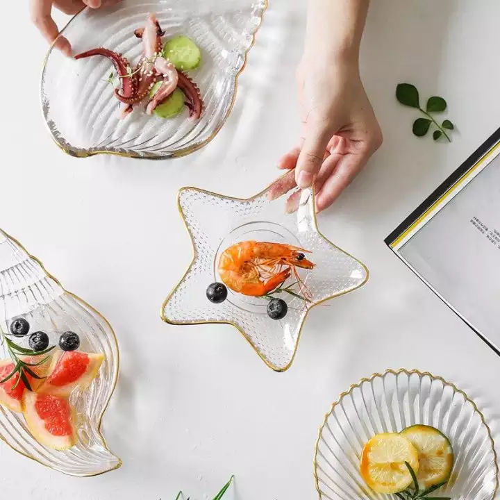 จานแก้วรูปดาวสร้างสรรค์-จานสลัดจานขอบทองผลไม้ขนมหวานชุดเครื่องใช้บนโต๊ะอาหารถาดเก็บสร้อยคอจานเครื่องประดับ