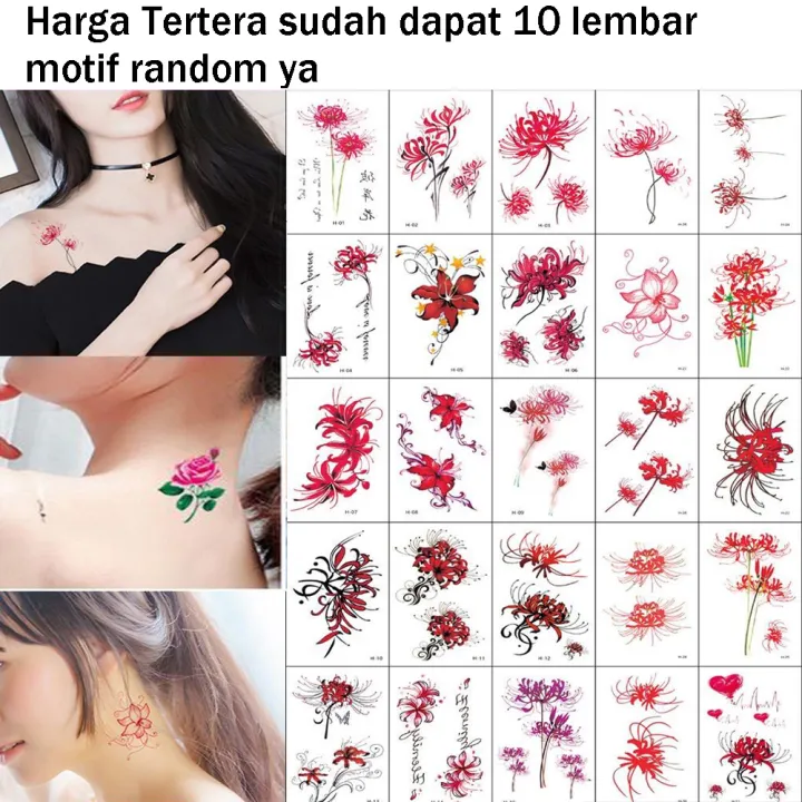 10 Lembar Tato Bunga Merah Sticker Tattoo Temporary Tato Bunga 3d