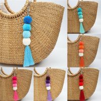 1pc Women Cute Pom Pom Keychain Bag Charms With Tassel Purse Charms Boho Keyring Neon Pink Mint Lanyards Key Chains