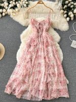 【jw】❈♀  Sleeveless Spaghetti Backless Beach Print Evening Ruffle Dresses