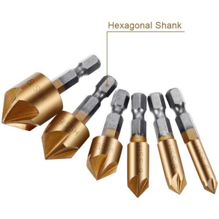 set-mata-bor-kiprun-6ชิ้น1-4-hss-ก้านหกเหลี่ยม5ขลุ่ย-countersink-90องศาคัตเตอร์ขูดลบมุมไม้6มม-19มม