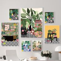 กรีกกระเบื้อง Botanical House พืช Art Nordic โปสเตอร์-Boho สีเขียวใบตกแต่งภาพ-Modern Wall Art ภาพวาดผ้าใบสำหรับตกแต่งบ้าน