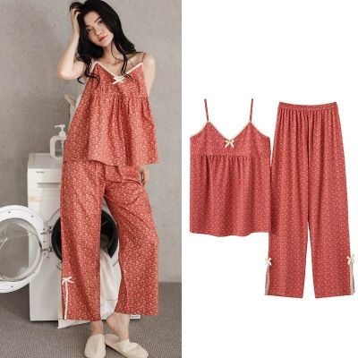 Fdfklak Sexy Sleepwear Set Womens Summer Pajamas Thin Suspenders V Neck Shirt Pant Suit Small Floral Modal Home Clothes M-3XL