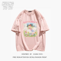 HUANGYOYO เสื้อยืดแขนสั้นพิมพ์ลายการ์ตูนผ้าฝ้าย100% ตัวอักษรน่ารักสำหรับผู้หญิง