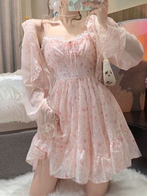2 Piece Dress Set Women Floral Mini Dress + Casual Blouse Korean Fashion Suits Kawaii Clothing Lolita Dress Party 2022 Summer