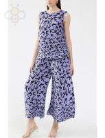 ┋▼☜ Aiden001 6090 Average Size Summer Arrow Printing And Dyeing Suit Womens Sleeveless Thin Top Loose Wide-Leg Pants Pleated Two-Piece Set For Women