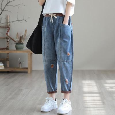 2022กางเกงฮาเร็มกางเกงยีนส์ของผู้หญิงเย็บปักถักร้อยฉีกเกาหลี Capris กางเกงขาตรงสุภาพสตรี Streetwear วินเทจน่ารักกางเกงยีนส์