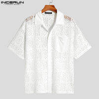 เสื้อลำลองแขนสั้น Medussa INCERUN Mens Hollow Out Lace Pane Floral Knit (สไตล์เกาหลี)