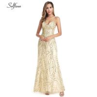 ZZOOI Elegant Ladies Maxi Dresses Long Deep V-Neck Mermaid Sleeveless Sparkle Sequined Women Dresses Summer Evening Party Dresses