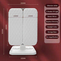 2022ใหม่ผู้หญิงไฟ LED กระจกแต่งหน้า3X ขยายเครื่องสำอาง3พับกระจกโต๊ะเครื่องแป้ง180หมุนสัมผัสหรี่ตารางกระจก