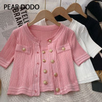 PEAR DODO เสื้อยืดผ้าไหมเกาหลีแขนสั้นกระดุมแถวเดียวมีปุ่ม (เสื้อยืดเท่านั้น) สำหรับผู้หญิง