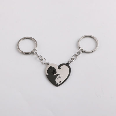 2PCS/Set Keychain Keychain Pendants Stainless Steel Keychain Yin Yang Cats Round Keychain Love Heart Keychain