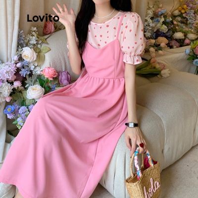 Lovito Cute Floral Contrast Tape Round Neck Puff Sleeve Dress for Women LNE05093 (Pink) Lovito Pita Kontras Bunga Lucu Leher Bulat Gaun Lengan Puff untuk Wanita
