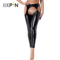 สตรีเปียกดู Cutout Leggings เปิดกางเกงเป้าชุดชั้นในเอวสูง Crotchless เปิดก้นสิทธิบัตรหนังกางเกงผอม Clubwear