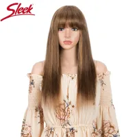 Sleek Human Hair Wigs 28 Inch Blonde Highlight Straight Hair With Bangs For Women Colored Brazilian Hair Wig Cosplay Bob Wig Wig  Hair Extensions Pads