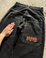 【CC】♈♙►  Gothic vintage street hip-hop text embroidery jeans washed loose mens casual wide-leg black gothic punk