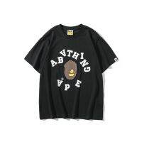 Bape เสื้อยืดคอกลมแขนสั้นสำหรับผู้ชายทรงหลวมขนาดใหญ่มีตัวอักษรกลับหัวผ้าฝ้ายคอกลมล้วนแบบใหม่ยี่ห้อแฟชั่น