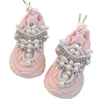Princess Pink Pearls Spring/Autumn Children Shoes Crystal Toddler Girls Sneakers Mesh Breathable Fashion Casual Kids Shoes 26-38