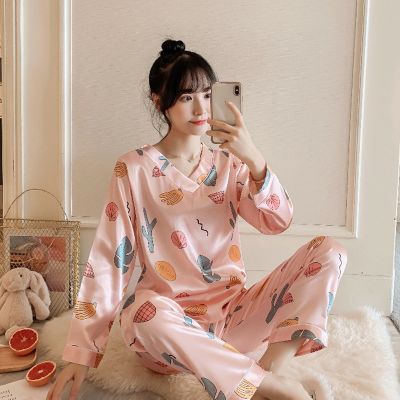 ✟∋✥ Silk Pajamas Women Cartoons Pajamas for Women Summer Nightwear Plus Size Pajama Two Piece Set Satin Silk Pyjamas Loungewear