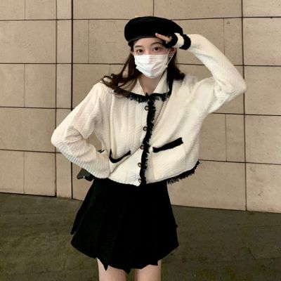 2021 New Color-Blocking Doll Collar Single-Breasted Cardigan Sweater Womens Korean Style Sense of Design Top CoatNuyoah