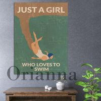 Just A Girl Who Loves To Swim Green Poster Wall Art Print Decor ภาพวาดผ้าใบวินเทจ New