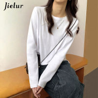 Jielur Long Sleeve Black White T-shirt Female Loose O-neck Cotton T shirts Basic Bottoming Shirt Solid Color Tops Women 2021