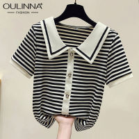 OULINNA เสื้อยืดแขนสั้นคอตุ๊กตาฤดูร้อนผู้หญิง,2023ใหม่ลายทางเข้ารูปพอดีและเพรียวบางเสื้อโปโลเทรนด์