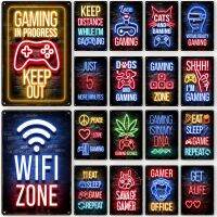 Wanghuilishop Vintage Gamepad โปสเตอร์โลหะ Neon Glow-ป้ายดีบุกตกแต่งสำหรับห้องเกม Wall Art - Modern Aesthetic Home Decor-ตัวอักษร Plaque