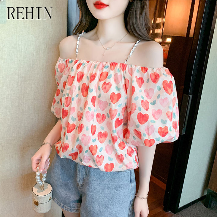 rehin-เสื้อสตรี2023ฤดูร้อน-เสื้อเชิ๊ตผู้หญิงแขนพองพิมพ์ลายใหม่เสื้อเชิ๊ตผู้หญิงบางไหล่ข้างเดียวหลวม
