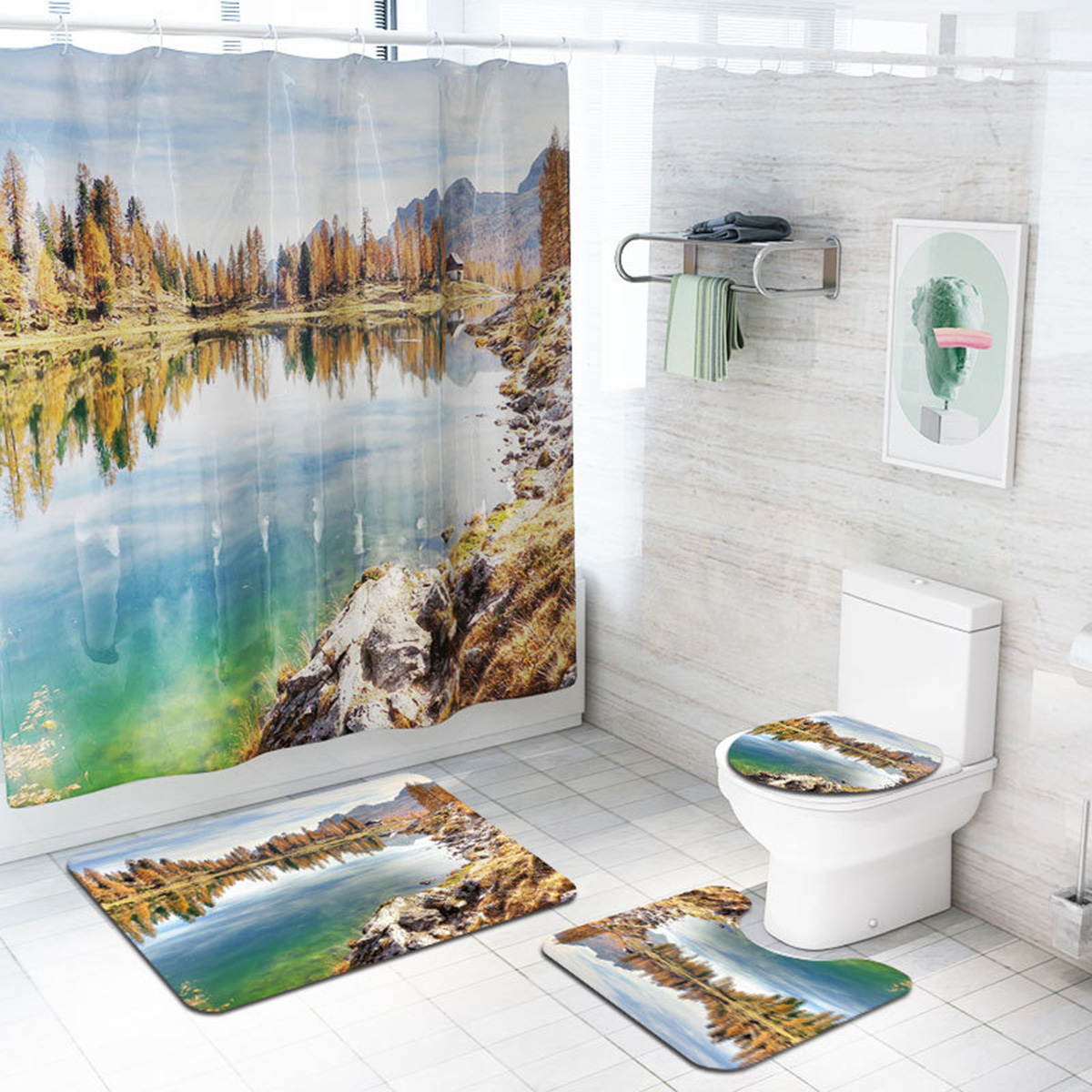 Home Bath Decor Non-Slip Bathroom Rug Lid Toilet Cover Bath Mat Shower Curtain 