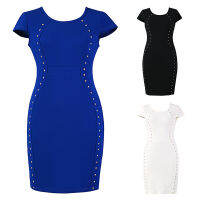 I2Women Round Neck Front Rivets Body con Dress Slim Pencil Dress