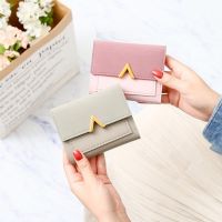 HOT14★2019 Women Slim Wallet Metal V-word Decorative Matte Retro Short Wallets and Purse Small Pu Leather Money Change Bags Purse