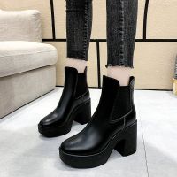 Womens Rubber Chunky Martin Boots 2021 Autumn And Winter Platform Slope Heel Suede Snow Boot Black Mid-Calf Warm Cotton Shoes