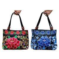 2PCS Chinese Style Women Handbag Embroidery Ethnic Summer Fashion Handmade Flowers Ladies Tote Shoulder Bags Cross-Body (Red Peony/Blue Peony)