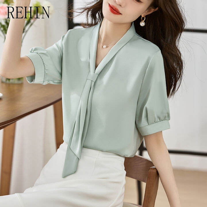 rehin-เสื้อสตรีมเมอร์ผ้าซาตินแขนสั้น-เสื้อลำลองผ้าซาตินใส่ได้หลายโอกาสสีทึบแฟชั่นสไตล์เกาหลีแบบใหม่ฤดูร้อน