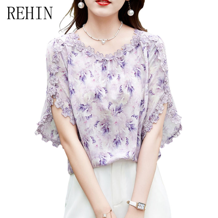 rehin-เสื้อเชิ้ตผ้าชีฟองปักลายแบบแขนสั้นลายออกแบบ-เสื้อสตรีทรงหลวมคลุมท้องสำหรับฤดูร้อน