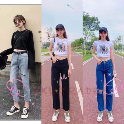 FASHIONJEANS_SHOP กางเกงยีนส์ทรงบอย เอวสูง แต่งขาด ปลายขารุ่ย #8059