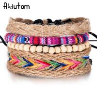 ALIUTOM 4PCS/Set Colorful Beaded Multilayer Handmade Hemp Rope Woven Bracelets Hippy Boho Embroidery Cotton Friendship Bracelets Charms and Charm Brac