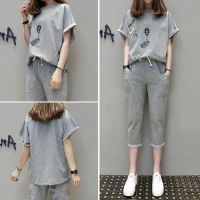 COD DSFGERRTYTRRE Korean style New women suit age reducing T-shirt 7-point pants 2-piece set casual loose ladies suit