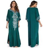 2021 Indie Folk Lace Up V-Neck Batwing Sleeve Summer Beach Dress Tunic Women Beachwear kaftan Maxi Dress Robe Sarong N775