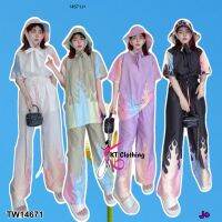 TW14671 Set 3 ชิ้น เสื้อแขนสั้นกุ้นคอ+กางเกงขายาว+หมวก ลายไฟรุ้ง